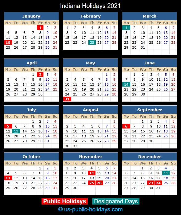 Indiana Holiday Calendar 2021